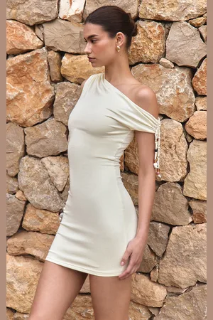 PRETTYLITTLETHING Cream Slinky Bead Tassel Detail Bodycon Dress