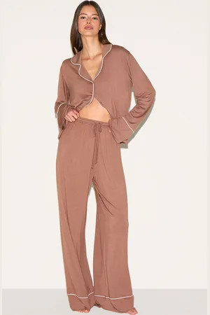 PRETTYLITTLETHING Mocha Modal Piping Long Pj Set