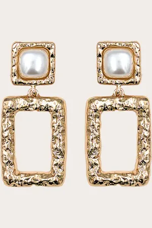 PRETTYLITTLETHING Gold Rectangular Pendant Statement Earrings