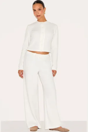 PRETTYLITTLETHING Petite Cream Super Soft Drawstring Wide Leg Trousers