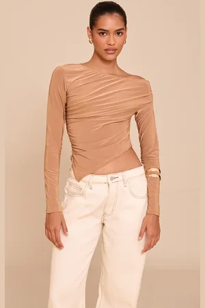 PRETTYLITTLETHING Tan Soft Touch Asymmetric Ruched Long Sleeve Top