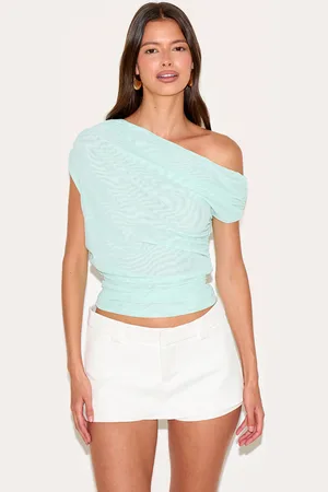 PRETTYLITTLETHING Mint Double Layer Mesh Ruched Detail Asymmetric