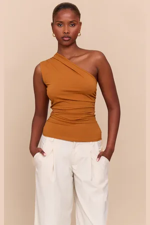 PRETTYLITTLETHING Tan Asymmetric Ruched Sleeveless Long Top