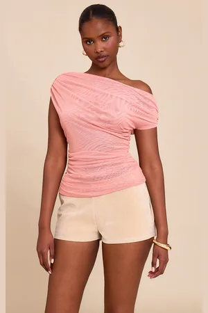 PRETTYLITTLETHING Blush Pink Double Layer Mesh Ruched Detail Asymmetric