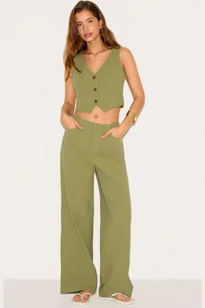 PRETTYLITTLETHING Khaki Linen Look Mid Rise Wide Leg Trouser