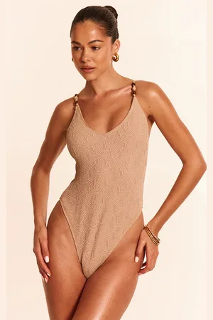 PRETTYLITTLETHING Stone Textured Bead Trim Plunge Swimsuit