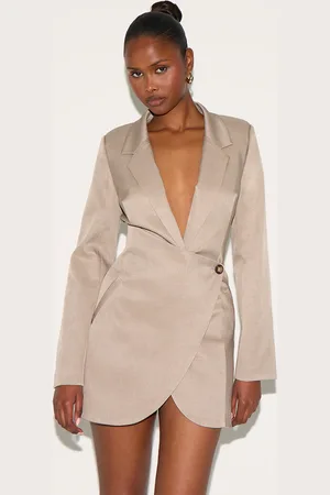 PRETTYLITTLETHING Taupe Woven Wrap Skirt Blazer Dress