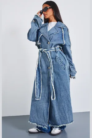 PRETTYLITTLETHING Petite Denim Frayed Edge Maxi Trench Coat