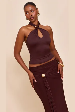 PRETTYLITTLETHING Double Layer Soft Touch Trim Detail Halterneck Long Top