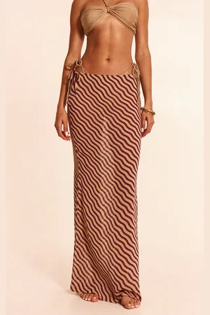 PRETTYLITTLETHING Tan Striped Print Sheer Low Rise Maxi Skirt
