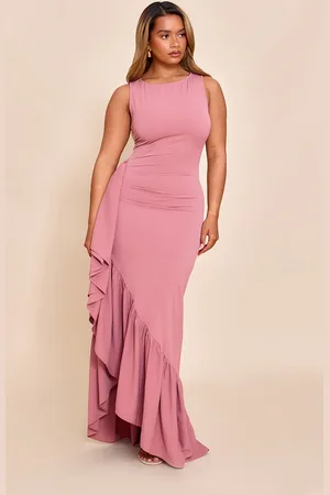 PRETTYLITTLETHING Shape Rose Stretch Woven Boat Neck Side Split Frill Maxi Dress