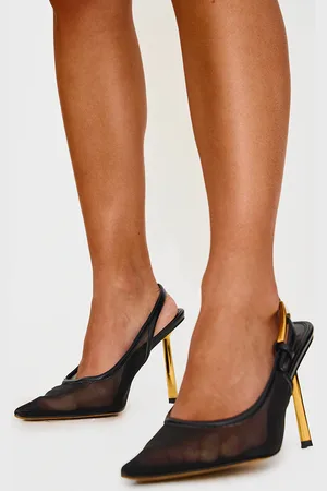 PRETTYLITTLETHING Mesh Gold Buckle Point Toe Court Heels