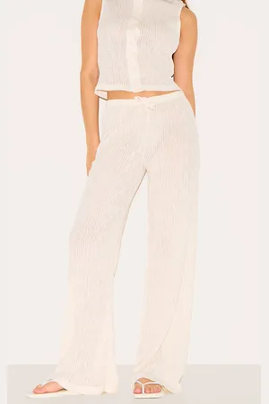 PRETTYLITTLETHING Cream Mid Rise Textured Wide Leg Trousers