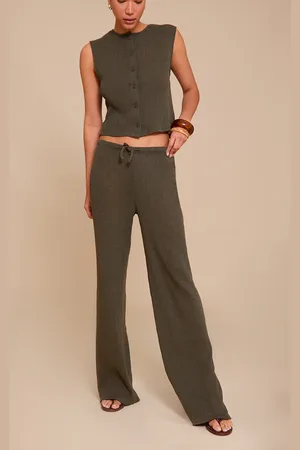 PRETTYLITTLETHING Khaki Mid Rise Textured Wide Leg Trousers