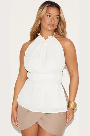 PRETTYLITTLETHING Shape Cream Pleated High Neck Open Back Top