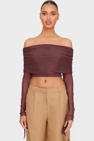 PRETTYLITTLETHING Mesh Ultra Long Drape Sleeve Crop Top
