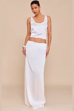 PRETTYLITTLETHING Cream Satin Mid Waist Maxi Skirt