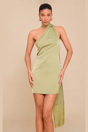PRETTYLITTLETHING Olive Satin Wrap Fringe Detail Mini Dress