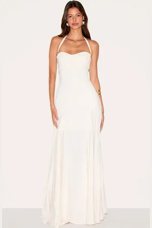 PRETTYLITTLETHING Cream Woven Halterneck Ruched Bust Detail Maxi Dress