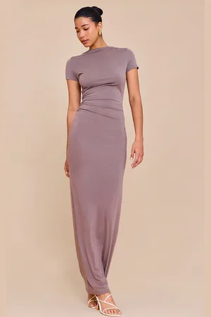 PRETTYLITTLETHING Taupe Modal Ruched Cap Sleeve Midaxi Dress