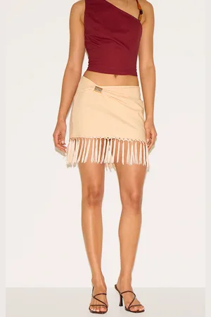 PRETTYLITTLETHING Beige Linen Gold Trim Tassle Hem Mini Skirt