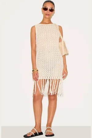 PRETTYLITTLETHING Petite Cream Crochet Boat Neck Tassle Mini Dress