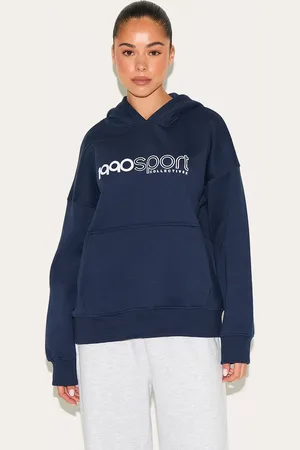 PRETTYLITTLETHING Navy Sports Puff Print Oversize Hoodie