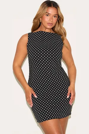 PRETTYLITTLETHING Shape Polka Dot Boat Neck Ruched Side Mini Dress