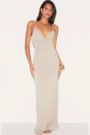 PRETTYLITTLETHING Khaki Modal V Neck Strappy Maxi Dress