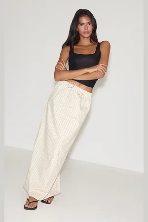 PRETTYLITTLETHING Stone Stripe Cotton Drawstring Tie Maxi Skirt