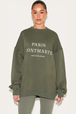 PRETTYLITTLETHING Khaki Washed Paris Montmarte Print Oversized Sweatshirt