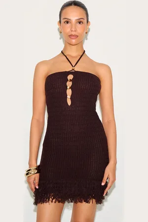 PRETTYLITTLETHING Petite Knitted Halterneck Bead Detail Fringe Mini Dress