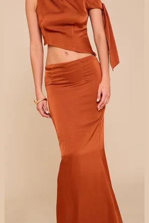 PRETTYLITTLETHING Rust Mid Rise Satin Maxi Skirt