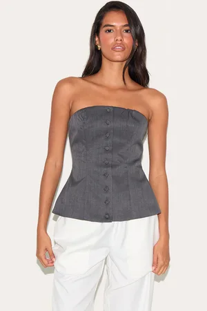 PRETTYLITTLETHING Charcoal Woven Structured Bandeau Waistcoat