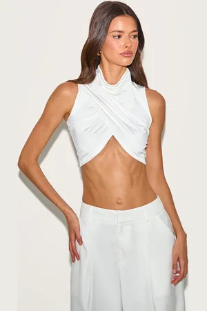 PRETTYLITTLETHING Cream Double Layer Slinky Ruched Ultra Crop Top