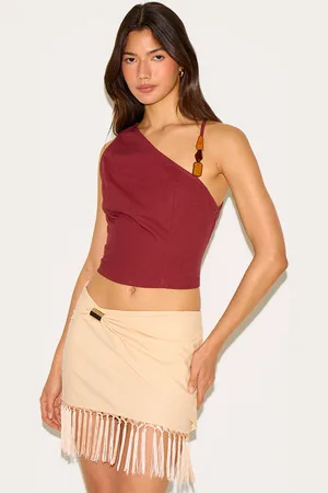 PRETTYLITTLETHING Rust Lightweight Woven Asymmetric Beaded Crop Top