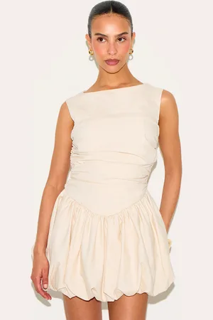 PRETTYLITTLETHING Petite Stone Linen Look Sleeveless Ruched Puffball Hem Mini Dress