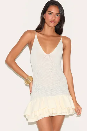 PRETTYLITTLETHING Cream Knitted Frill Hem Strappy Mini Dress