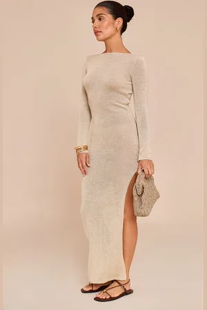 PRETTYLITTLETHING Petite Champagne Open Tie Back Long Sleeve Knitted Maxi Dress