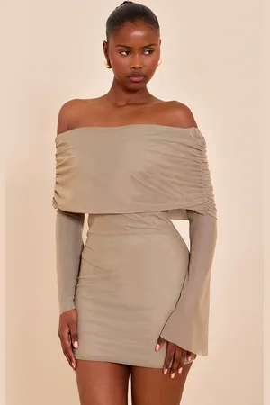 PRETTYLITTLETHING Taupe Lined Mesh Long Sleeve Mini Dress