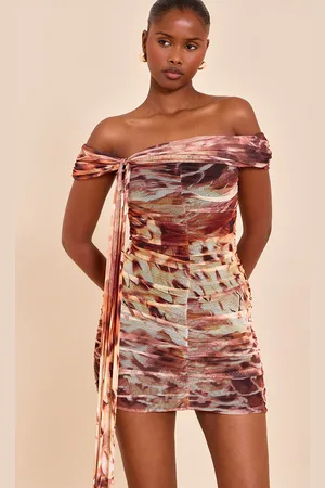 PRETTYLITTLETHING Beige Abstract Print Lined Mesh Bardot Mini Dress