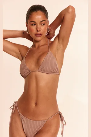 PRETTYLITTLETHING Stone Pinstripe Triangle Bikini Top