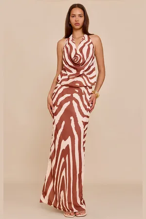 PRETTYLITTLETHING Tan Zebra Abstract Print Chiffon Cowl Neck Maxi Dress