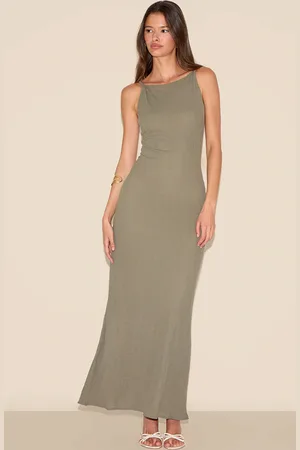PRETTYLITTLETHING Khaki Textured Twist Shoulders Maxi Dress