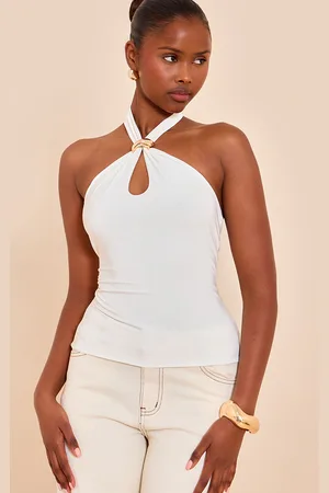 PRETTYLITTLETHING Cream Double Layer Slinky Trim Halter Neck Long Top