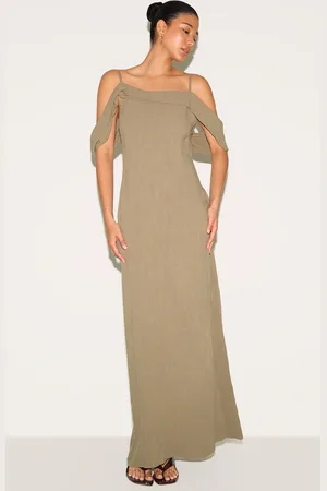 PRETTYLITTLETHING Khaki Textured Strappy Drape Detail Maxi Dress