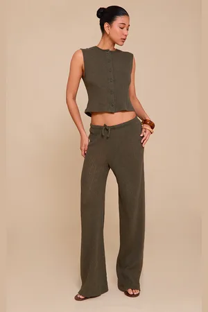 PRETTYLITTLETHING Khaki Mid Rise Textured Wide Leg Trousers