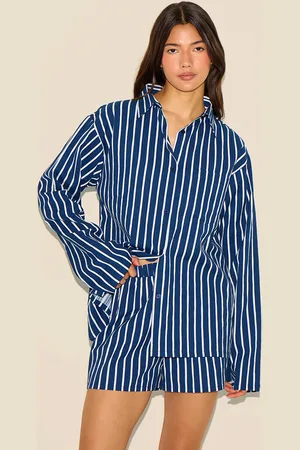 PRETTYLITTLETHING Navy Striped Oversized Long Sleeve Shirt
