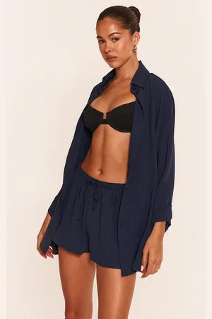 PRETTYLITTLETHING Navy Linen Look Drawstring Beach Shorts