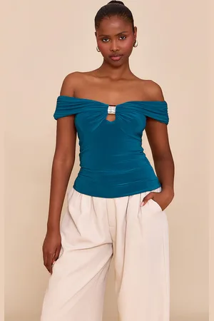 PRETTYLITTLETHING Teal Double Layer Slinky Trim Detail Bardot Long Top